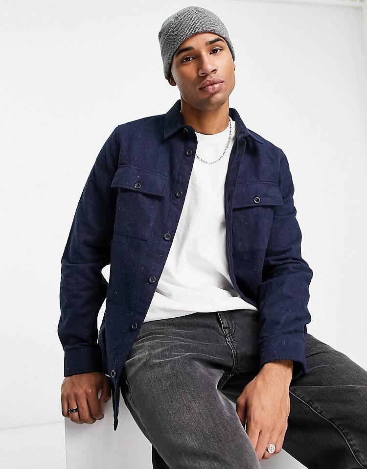 Threadbare heavy brushed overshirt in navy